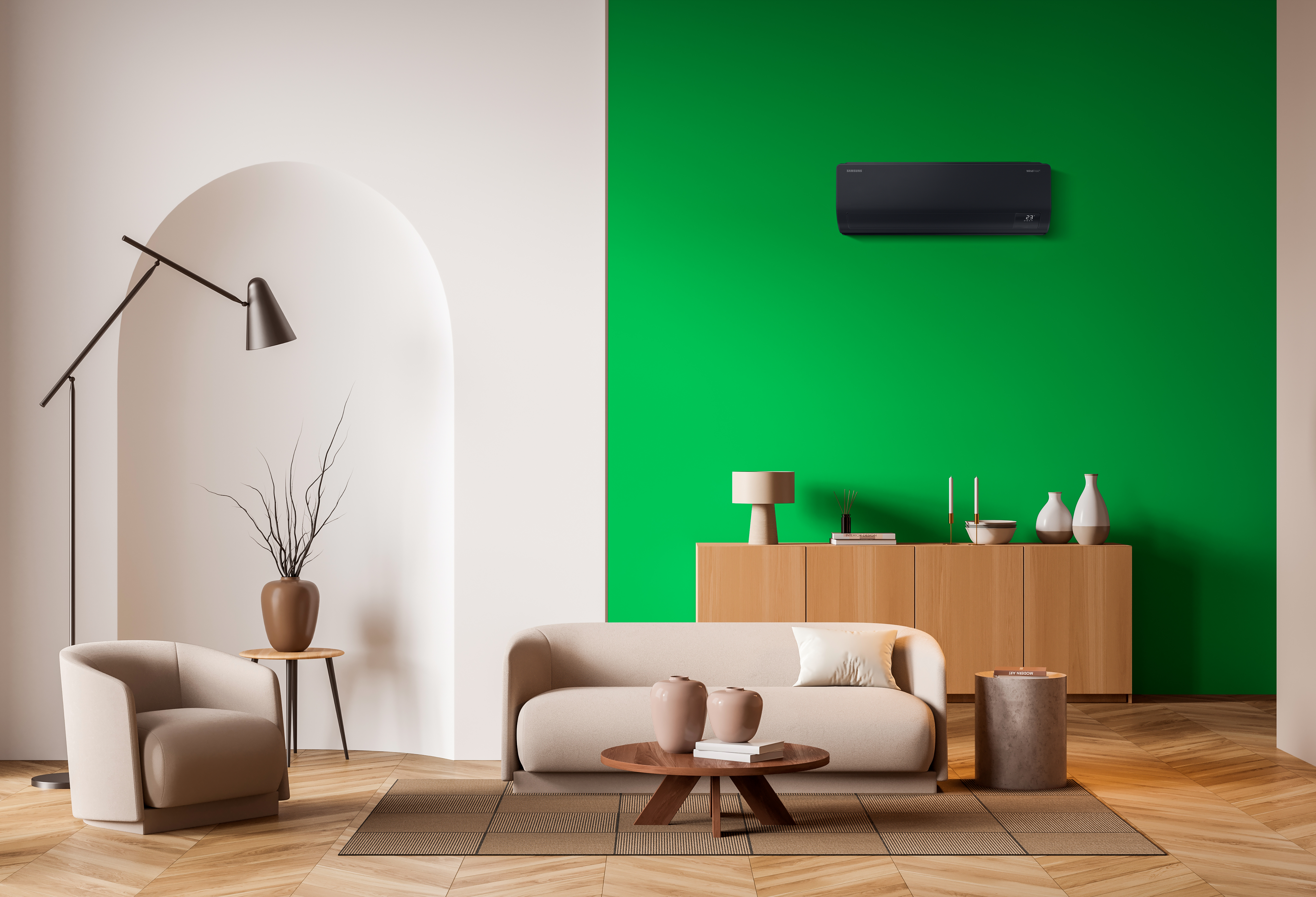 Modern villa living room design interior, beige furniture, bright walls, hardwood flooring, sofa, armchair with lamp. Concept of relax. 3d rendering; Shutterstock ID 2112311690; Projectnummer: 23091880; job:  Samsung_Climate_Solutions_Photography_Pitch; client: Lukkien; other: 